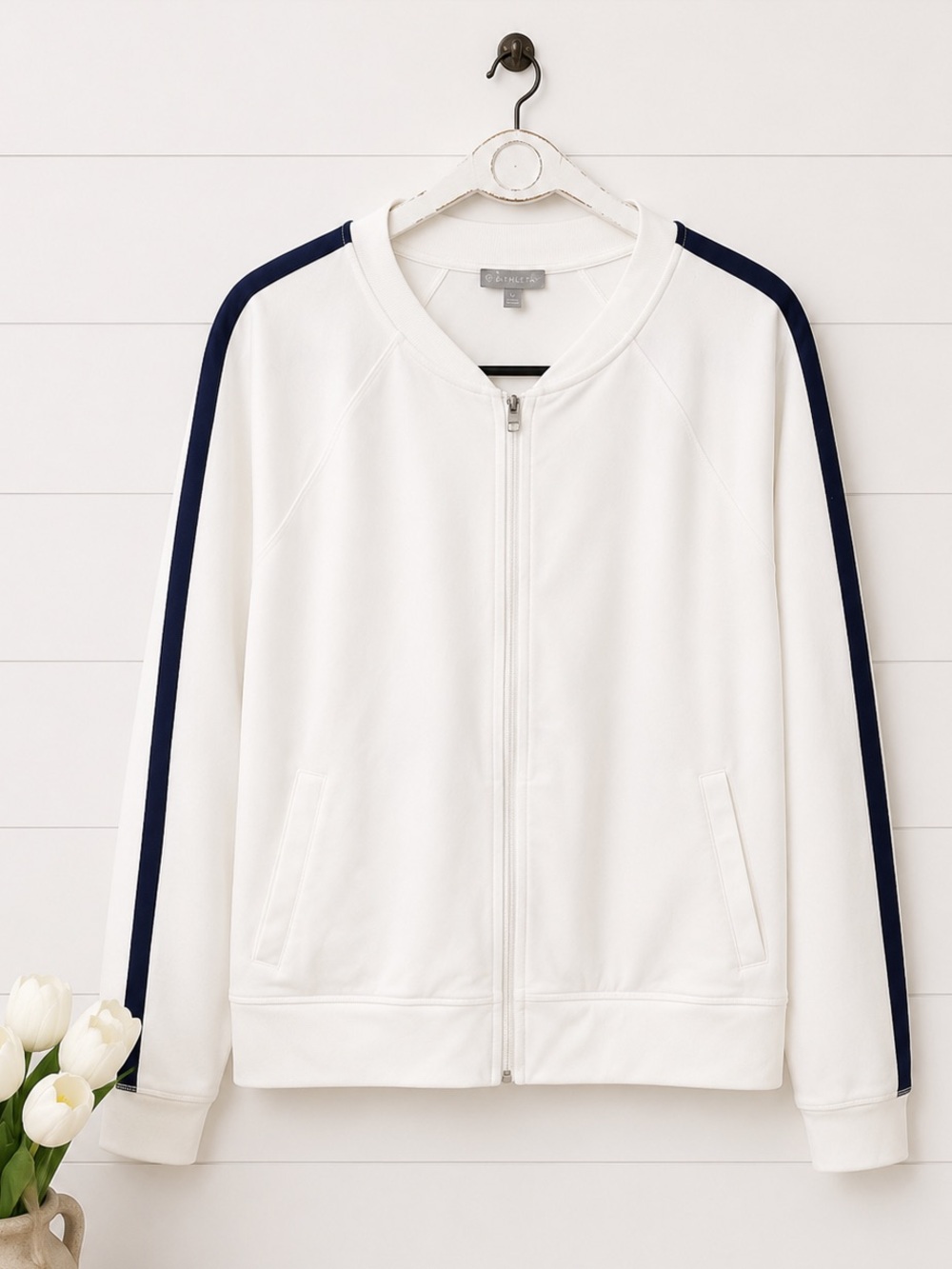 Talbots White Bomber Jacket with Navy Sleeve Stripes
